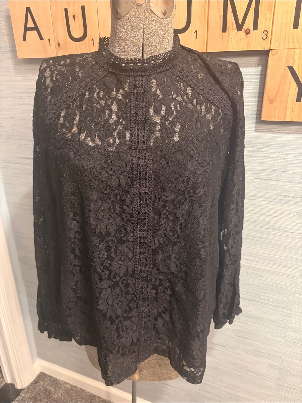 Cable & Gauge Black Floral Lace High Neck Long Sleeve Top